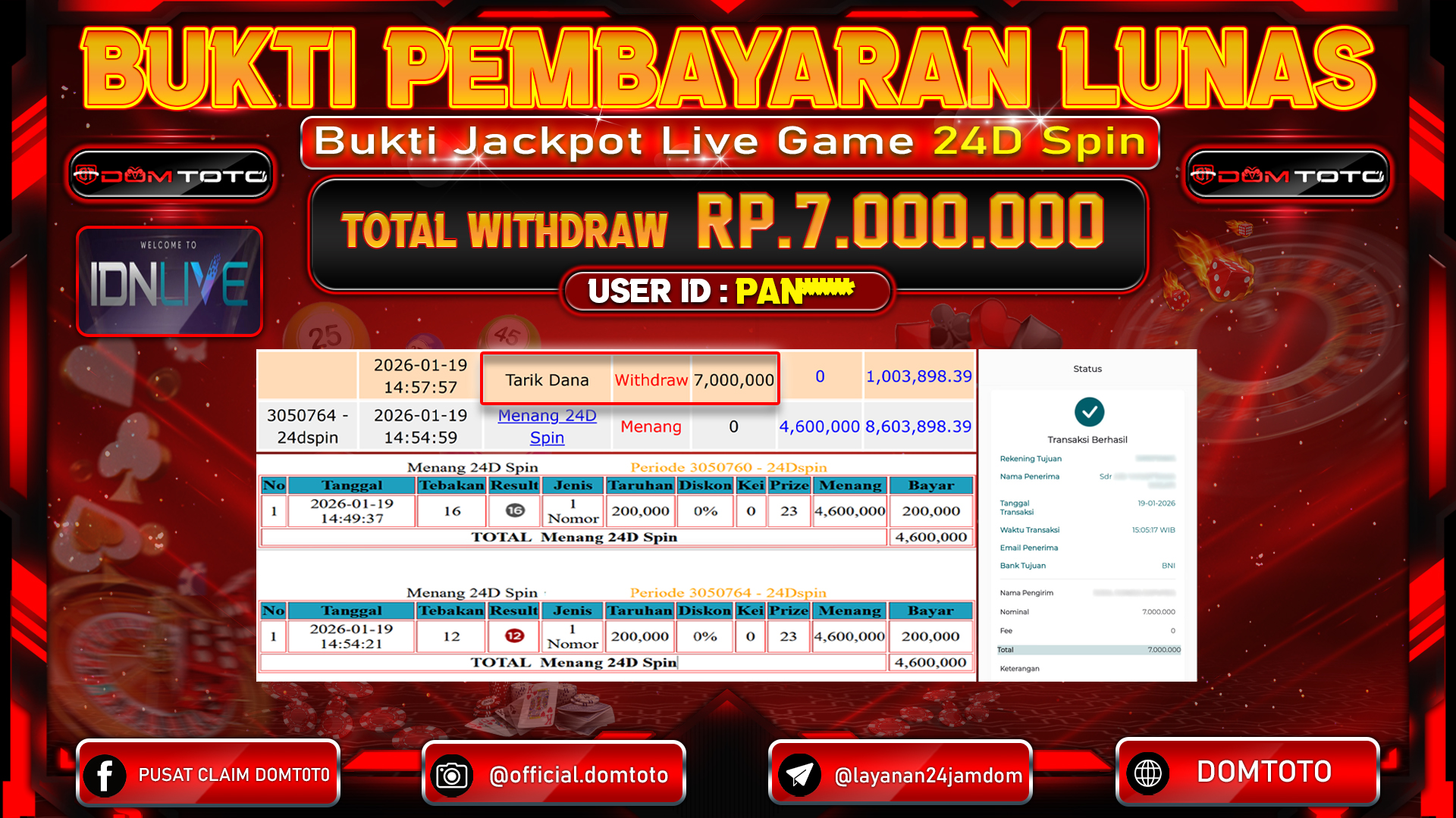 JACKPOT LIVE GAMES 24D Spin 19 JANUARI 2026